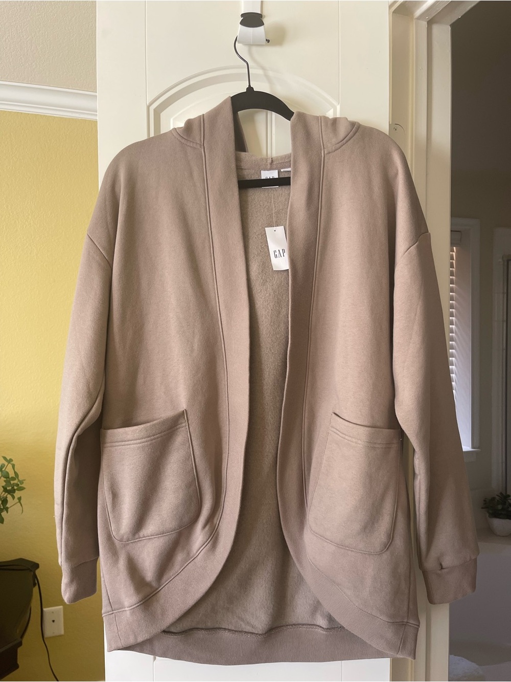 GAP Women's Taupe Hooded Teddy Open-Front Jacket
